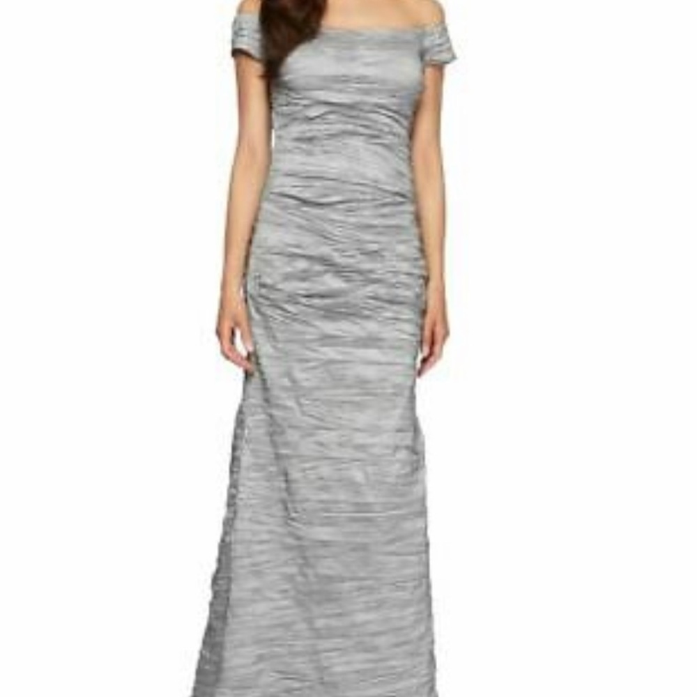 Platinum Alex Evenings Off-Shoulder Ruched Fit & Flare Gown